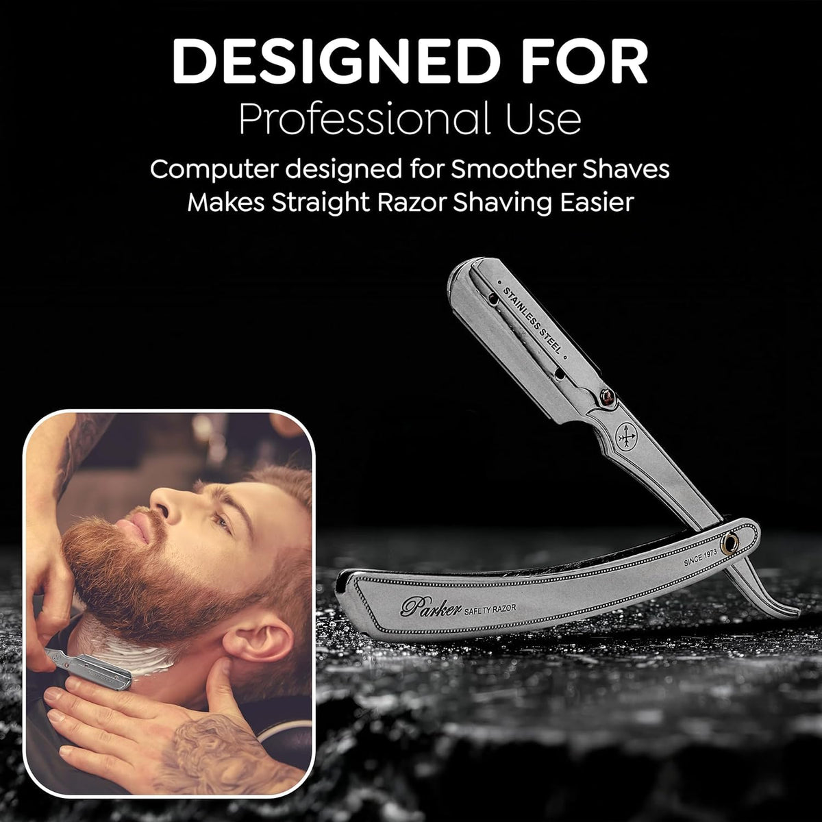 Parker SRX displayed with five included blades ready-to-use for consistent shaving results
