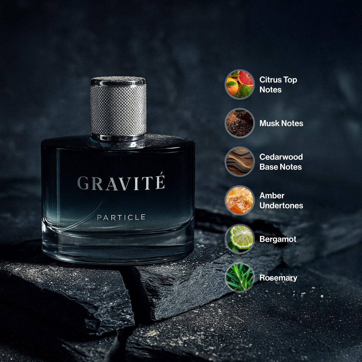 Particle Gravité spray action in mid-air illustrating easy application and immediate freshness