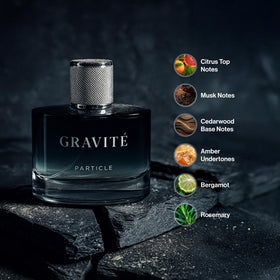 Particle Gravité spray action in mid-air illustrating easy application and immediate freshness