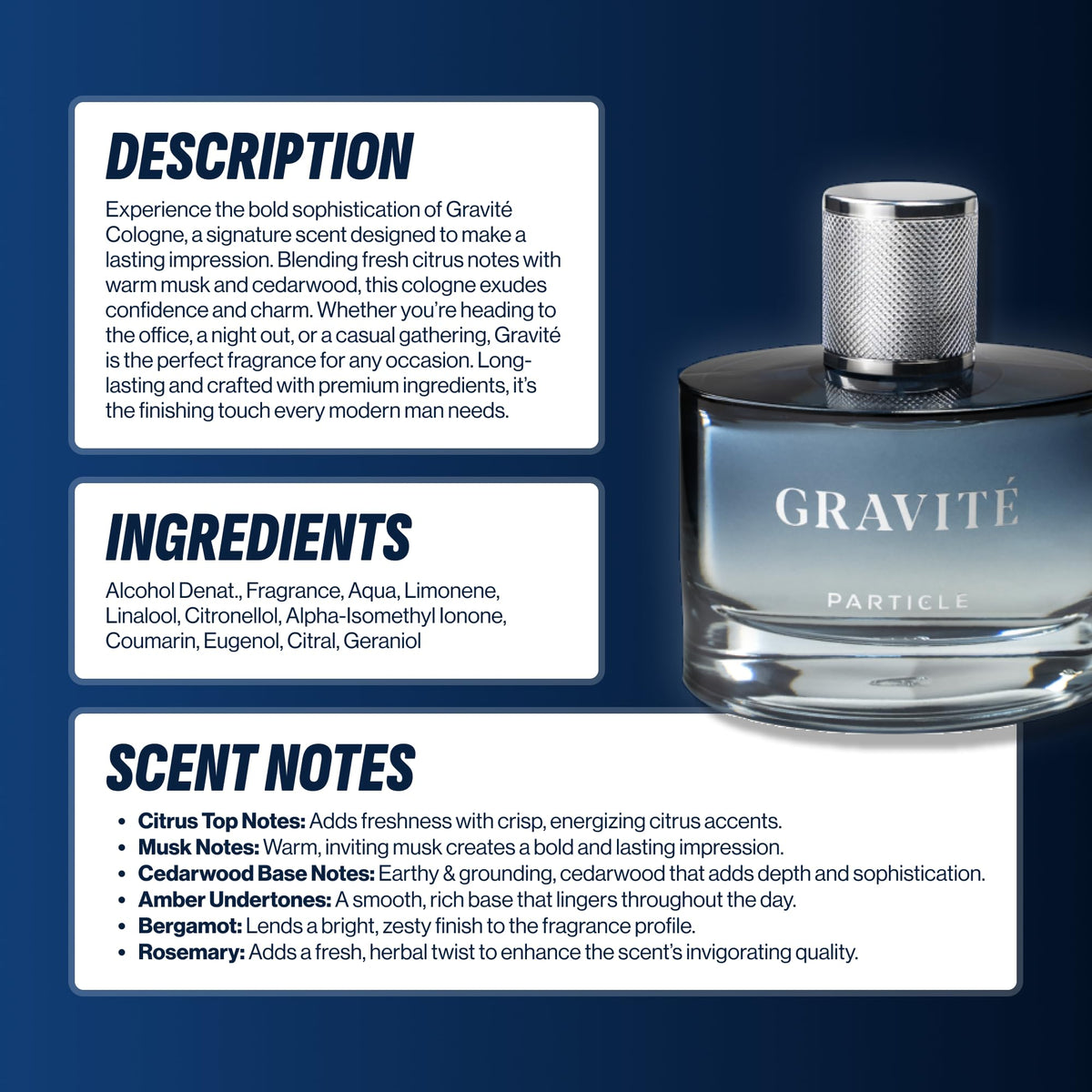 Particle Gravité arranged with grapefruit, pepper, and rosemary ingredients conveying scent notes