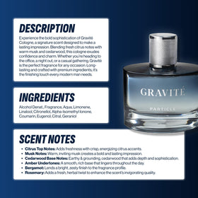 Particle Gravité arranged with grapefruit, pepper, and rosemary ingredients conveying scent notes