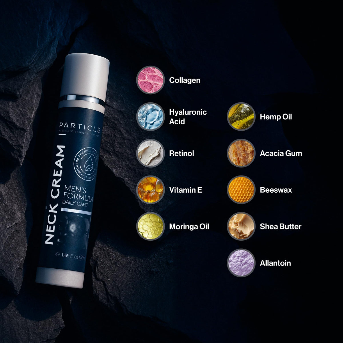 Particle neck cream being applied to neck demonstrating quick absorption benefit