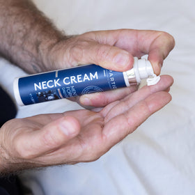 Particle neck cream ingredient label close-up showing key actives for hydration benefit