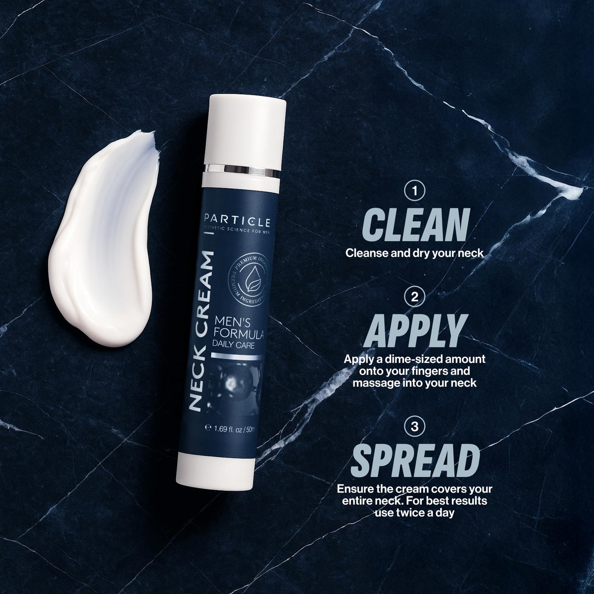 Particle neck cream cap and dispenser detail showing precise dispensing benefit