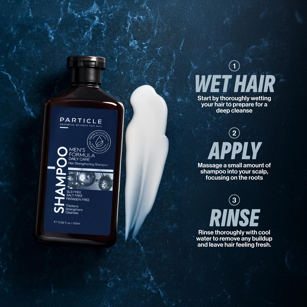 Particle in-shower use with man applying shampoo for freshness