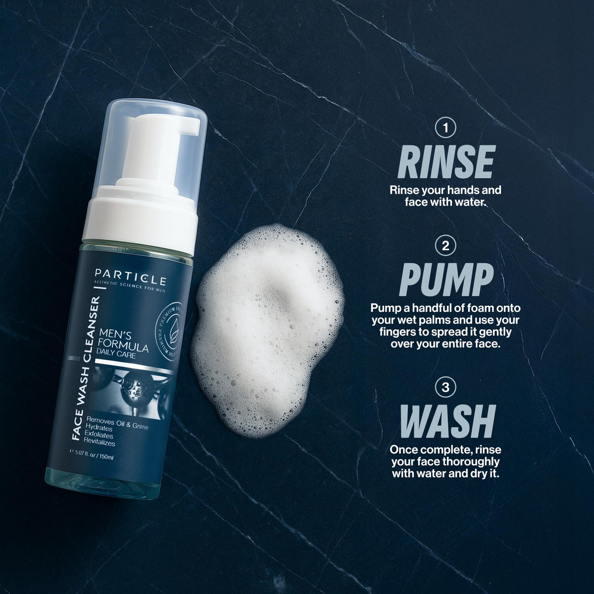 Particle face wash applied during shower, illustrating quick rinseability