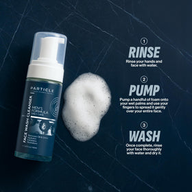 Particle face wash applied during shower, illustrating quick rinseability