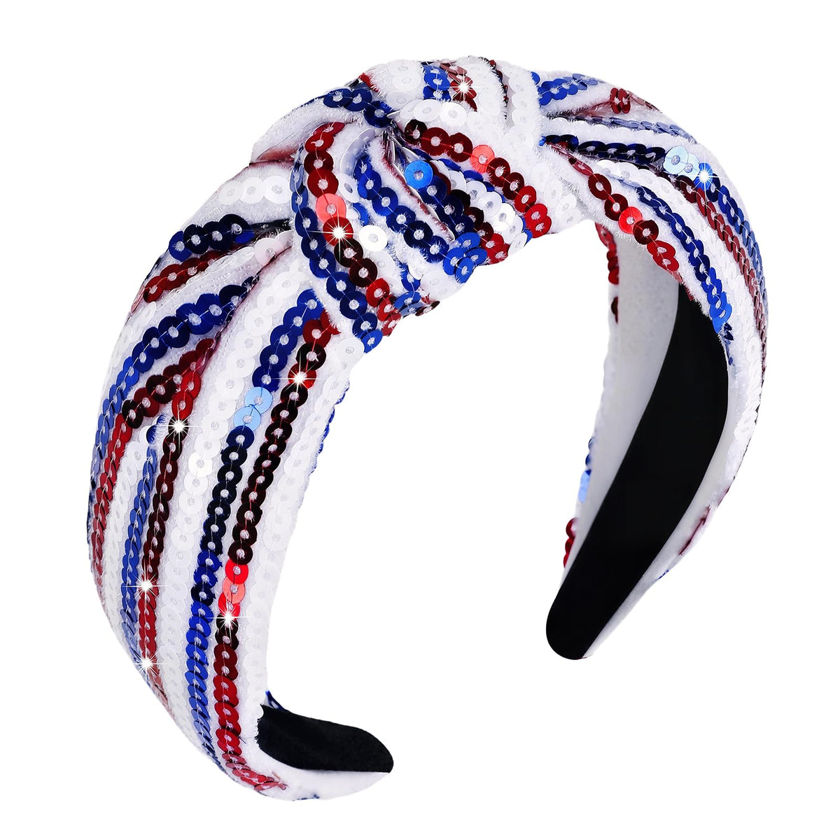 PARTY TELLER front view of red white blue sequin headband shows patriotic shine and style