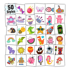 PARTYWIND front packaging showing 50 individually wrapped tattoo sheets and themes