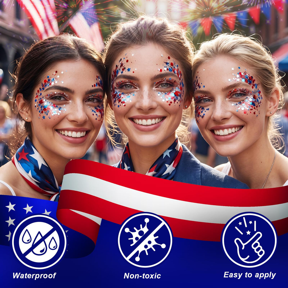 PASNOWFU glitter applied to cheek and shoulder offering camera-ready patriotic shimmer for events