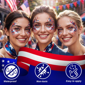 PASNOWFU glitter applied to cheek and shoulder offering camera-ready patriotic shimmer for events