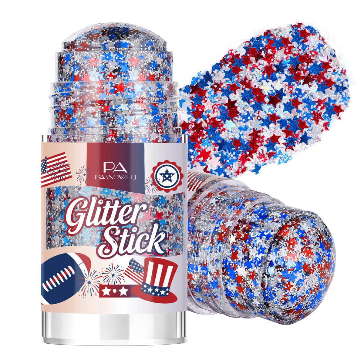 pasnowfu front packaging showing patriotic glitter stick and clear label benefit