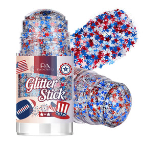 pasnowfu front packaging showing patriotic glitter stick and clear label benefit