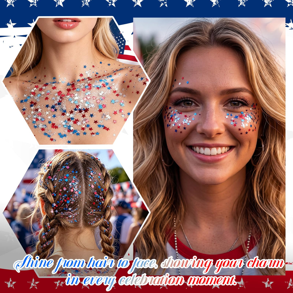 PASNOWFU glitter used as hair highlight in braid providing durable festive sparkle