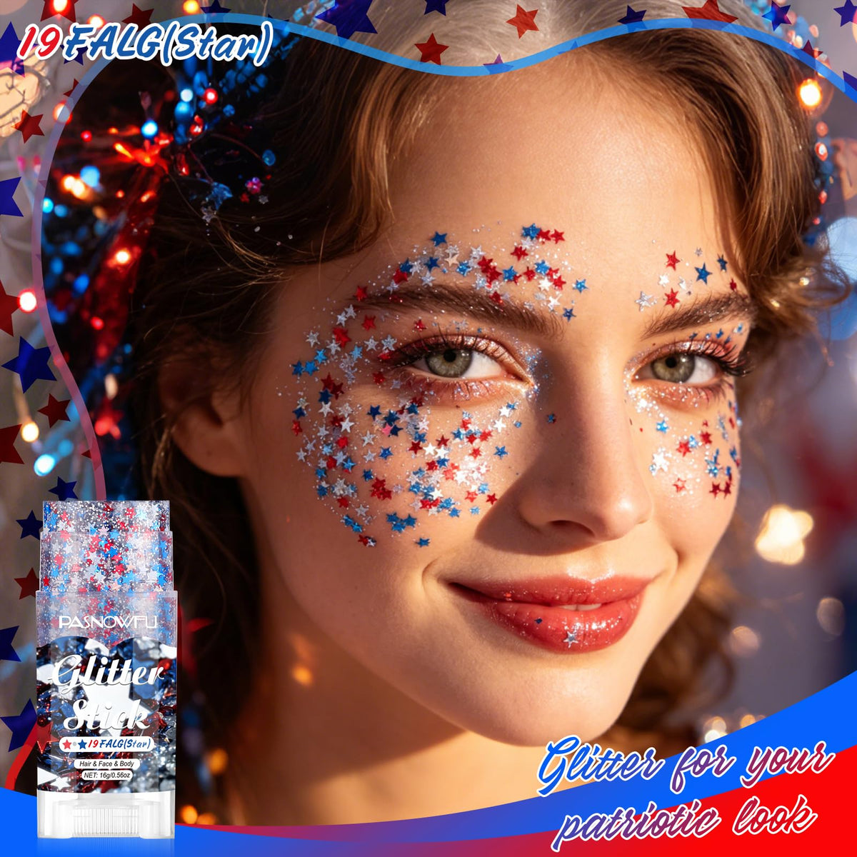PASNOWFU close-up texture of red white blue glitter stick showing dense sparkle and smooth finish