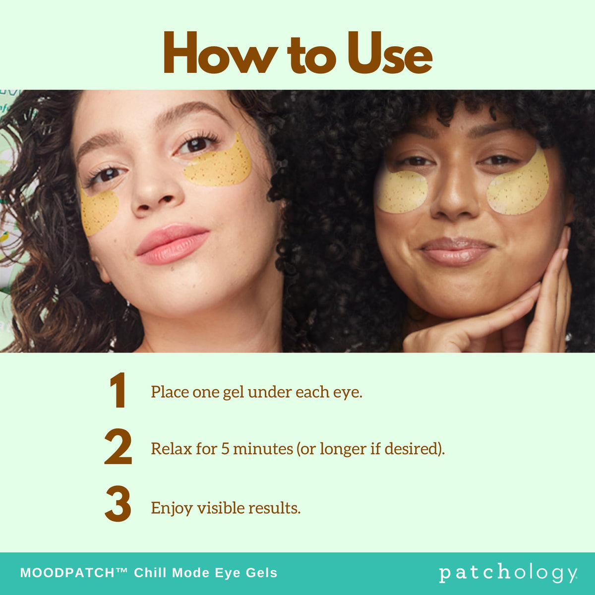 Patchology patches on model demonstrating quick application benefit