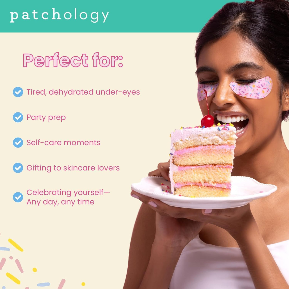 Patchology patches applied under eye demonstrating de-puffing effect
