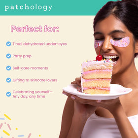 Patchology patches applied under eye demonstrating de-puffing effect