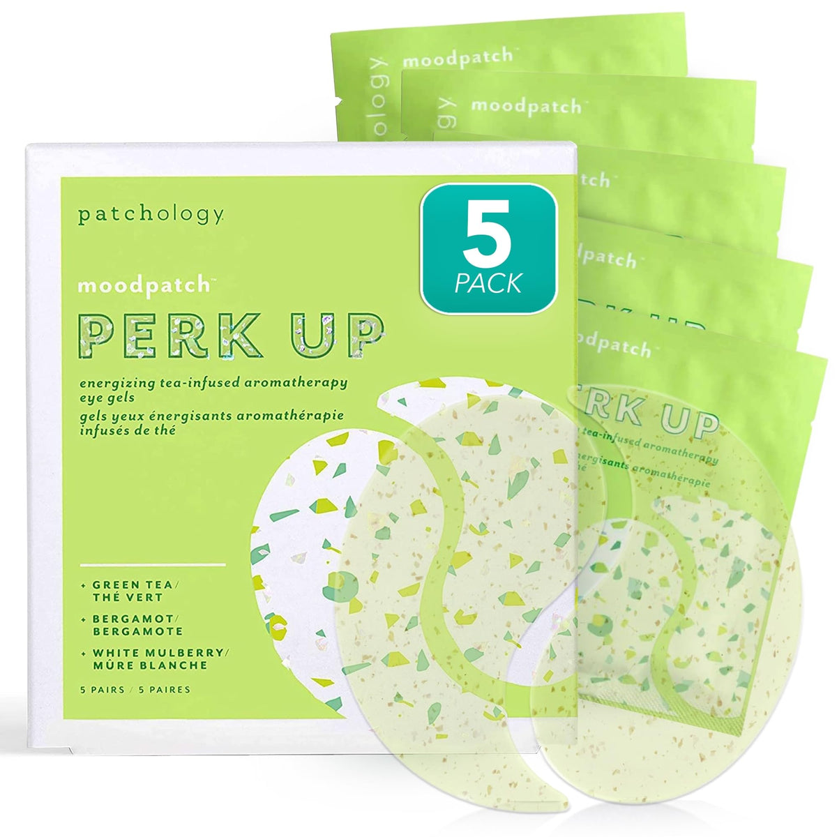 Patchology front packaging showing Perk Up eye masks and benefits