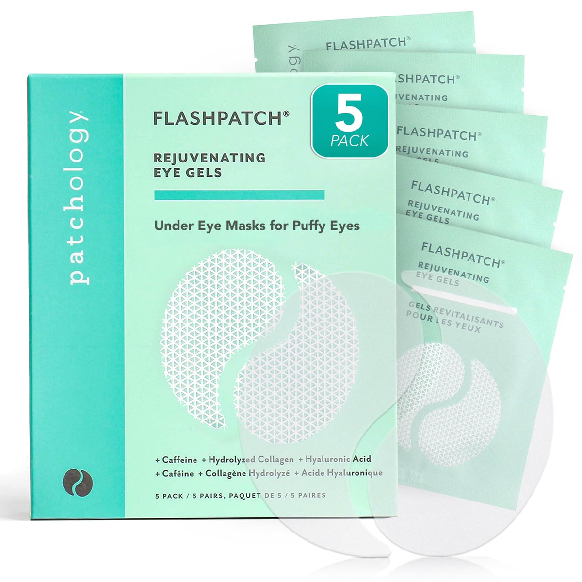 Patchology front packaging showing 5 pairs and benefits