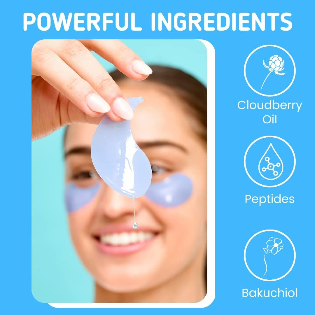 Patchology patches worn under eyes on model for de-puffing and hydrating effect