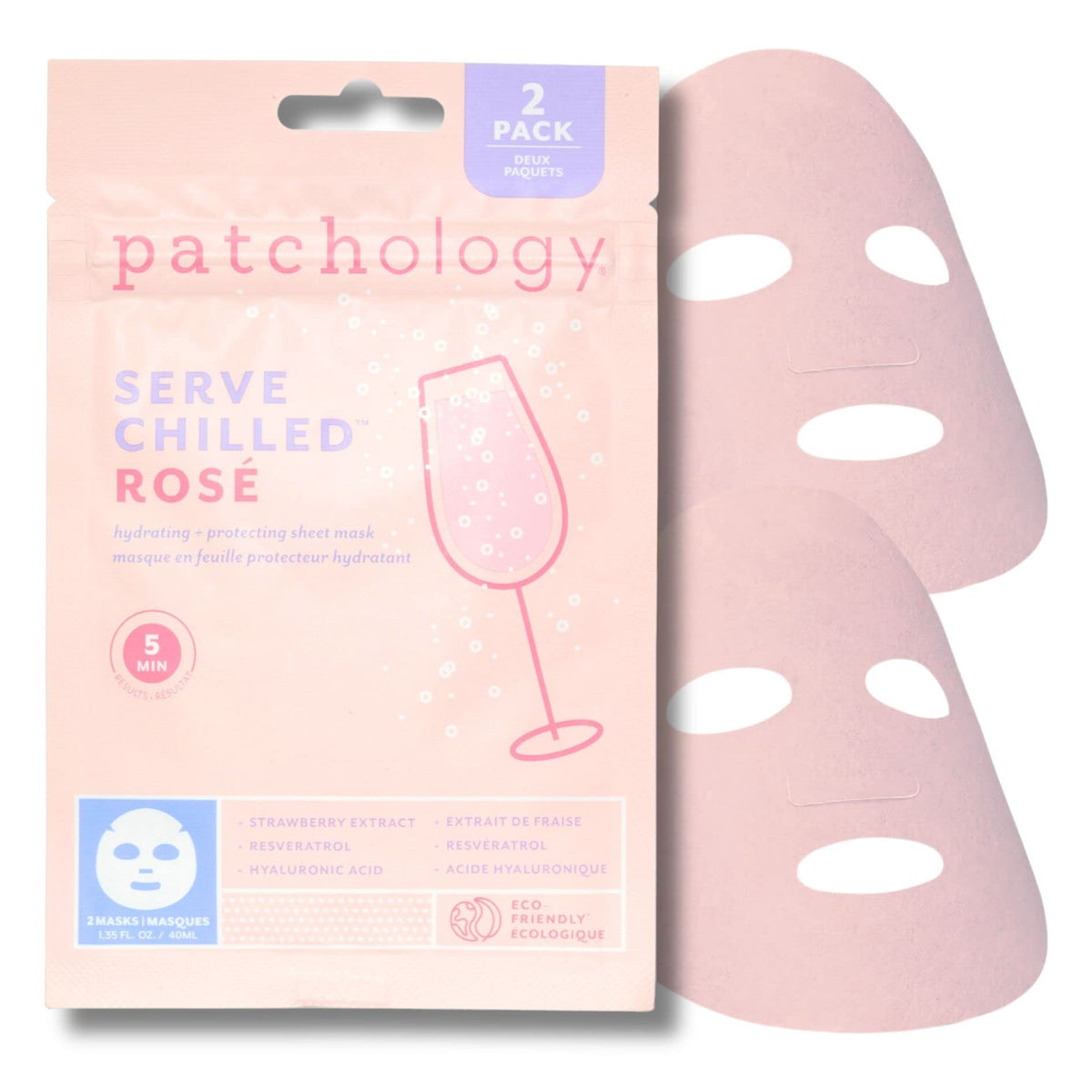 Patchology front pouch showing two rosé-scented sheet mask pairs and benefit of travel-ready hydration