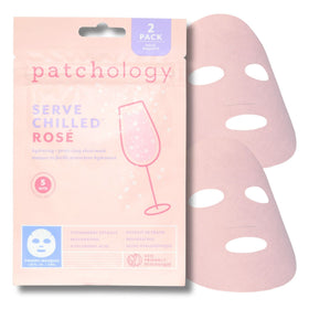Patchology front pouch showing two rosé-scented sheet mask pairs and benefit of travel-ready hydration