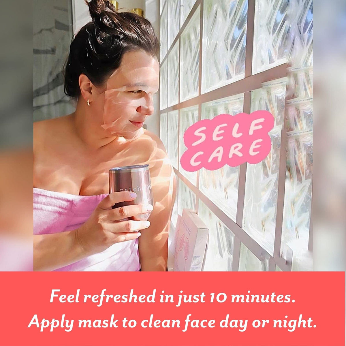 Patchology mask beside towel and candle in bathroom showing at-home spa ritual and relaxation benefit