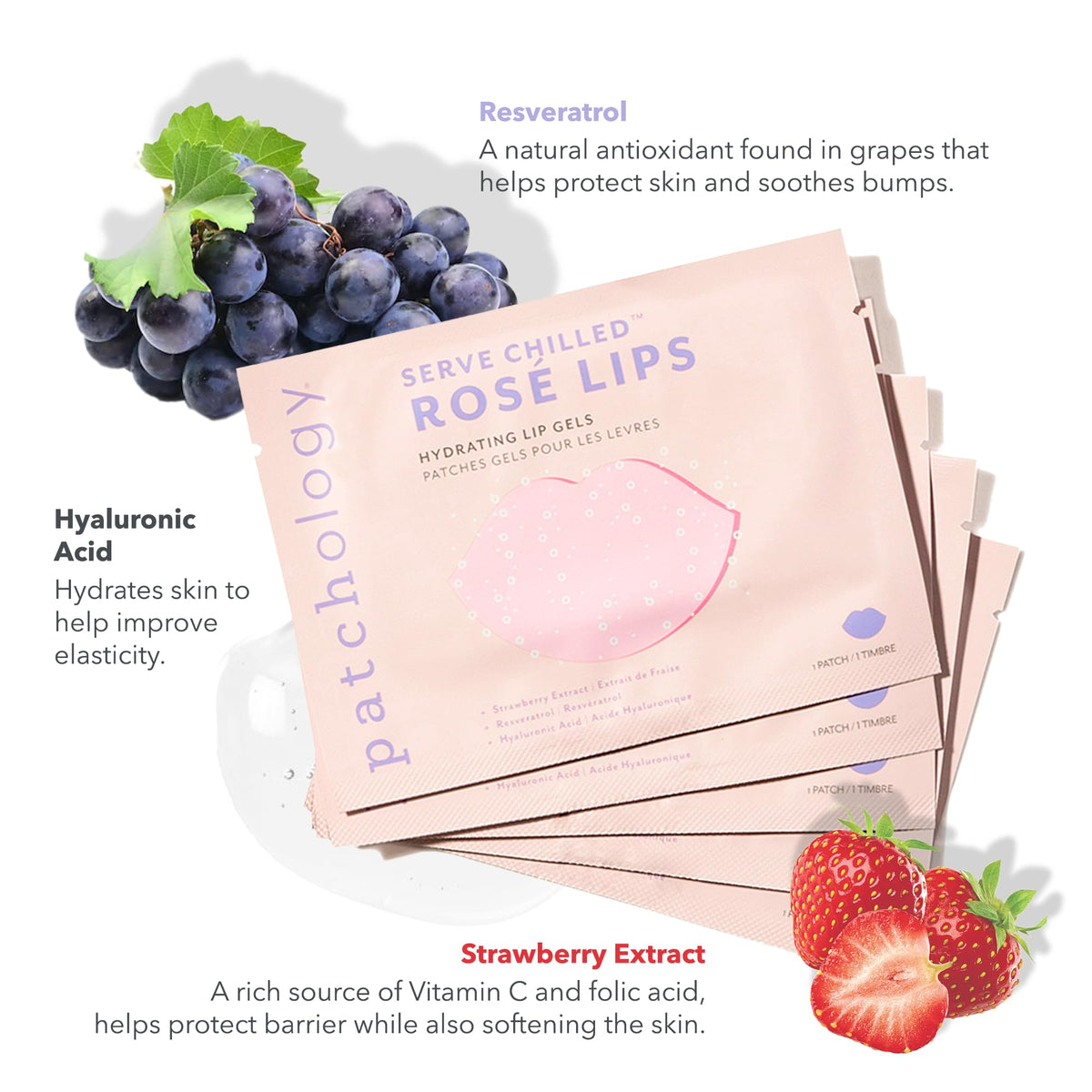 Patchology gel texture detail highlighting strawberry-infused hydrogel for moisture