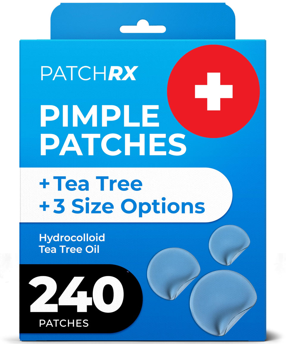 PatchRx front packaging showing 240-count acne patches and product benefit