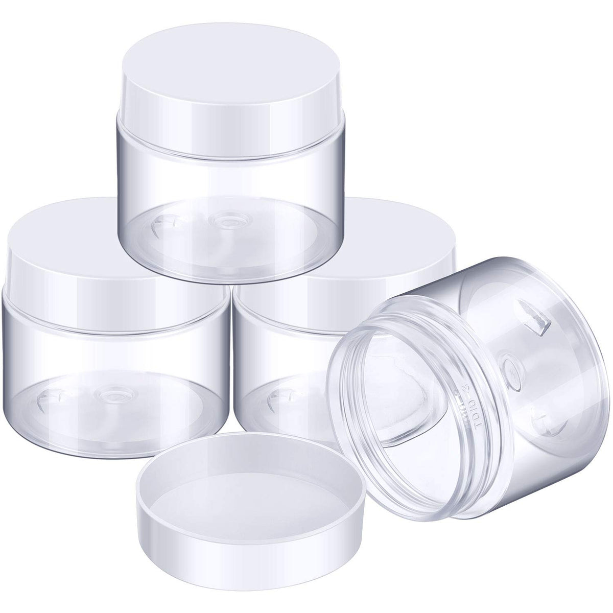 Patelai front view of four jars showing clear bodies and white lids, durable convenience