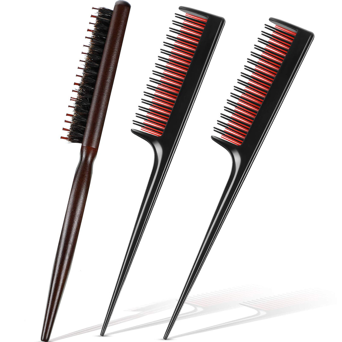 Patelai front view of 3-piece teasing comb and brush set showing contents and compact packaging