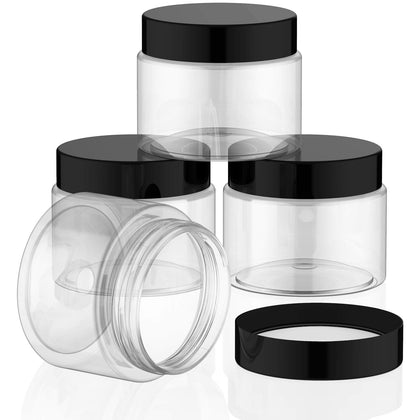 Patelai front view of four jars showing clear bodies and black lids, ideal for travel