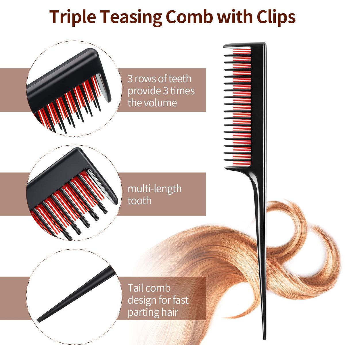 Patelai triple-tooth combs with tail handles highlighting precise parting and backcombing control