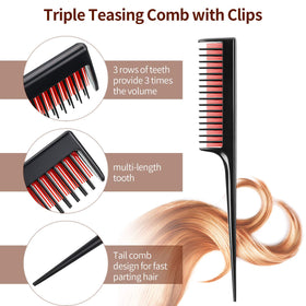 Patelai triple-tooth combs with tail handles highlighting precise parting and backcombing control
