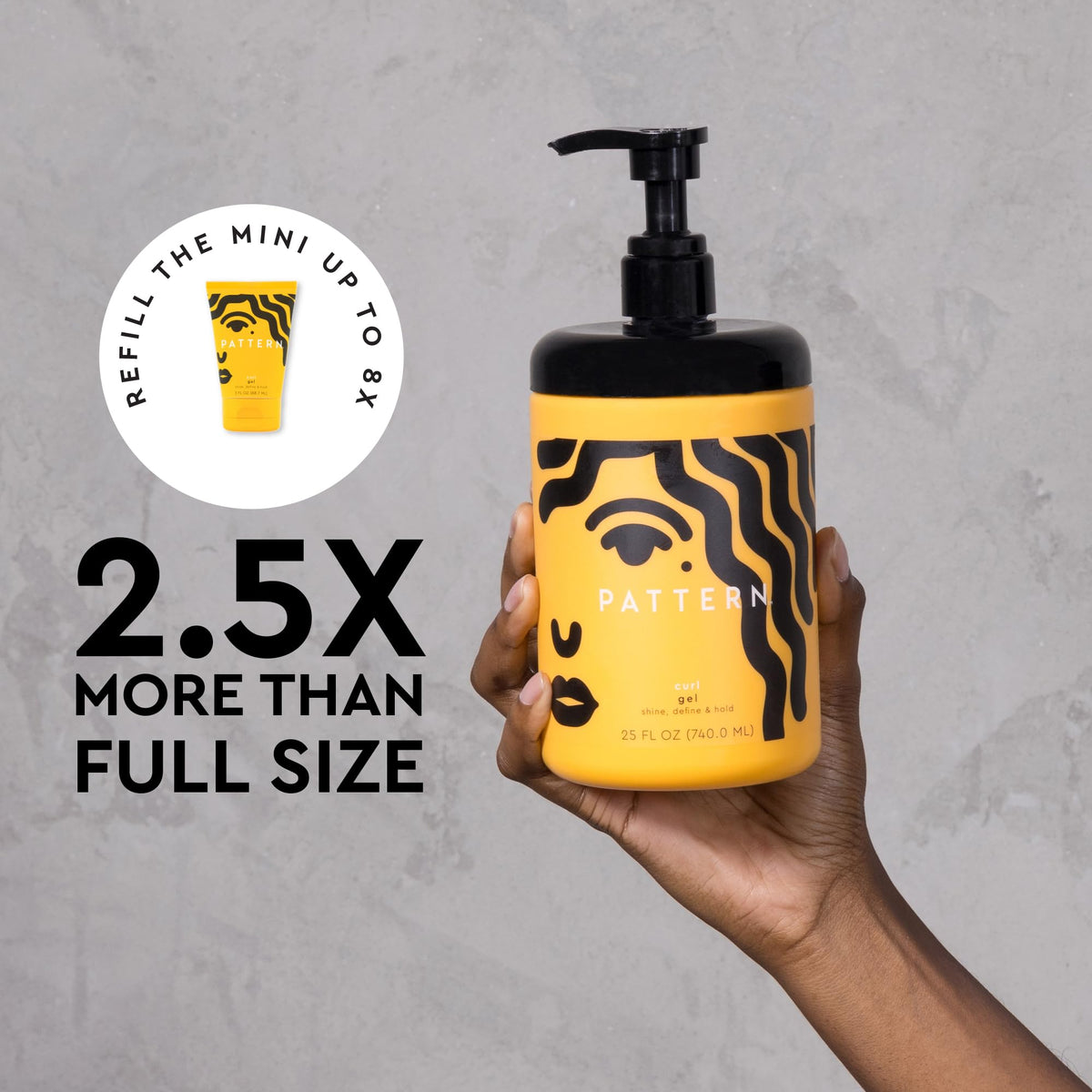 PATTERN jar held in hand illustrating 25 fl oz scale and salon-ready supply