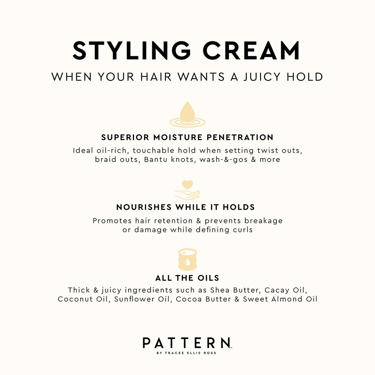 PATTERN label close-up listing Shea Butter and oils for nourishment
