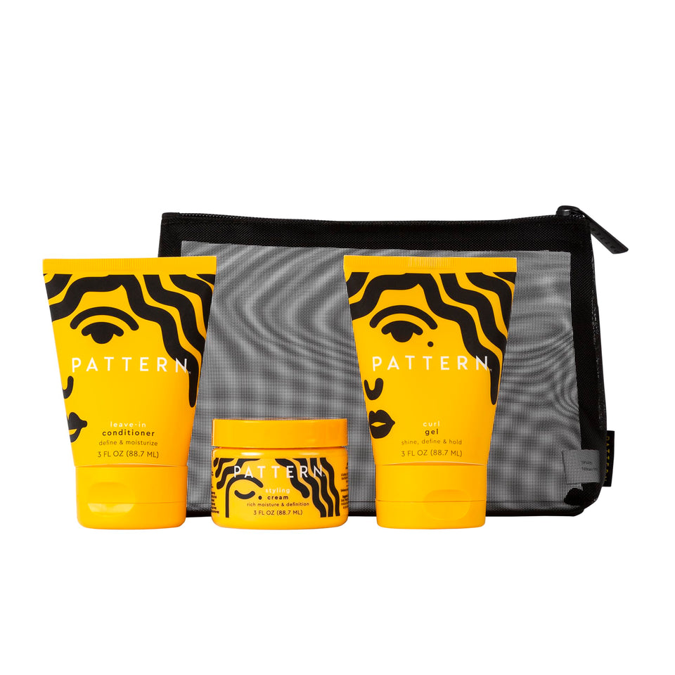 PATTERN curl cocktail kit front packaging shows three mini tubes and mesh bag for easy travel