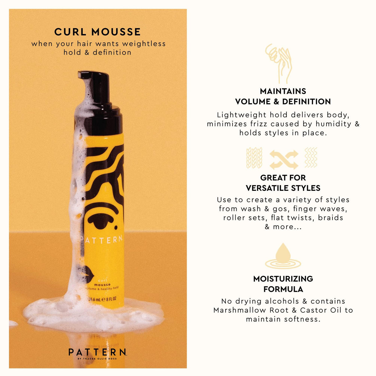 PATTERN curl mousse being diffused on curls demonstrating quicker drying and enhanced volume benefit