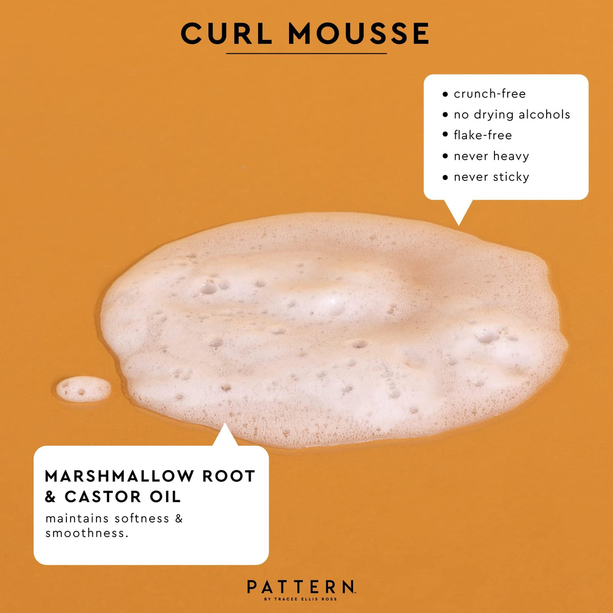 PATTERN curl mousse ingredients label close-up highlighting marshmallow root and castor oil benefit