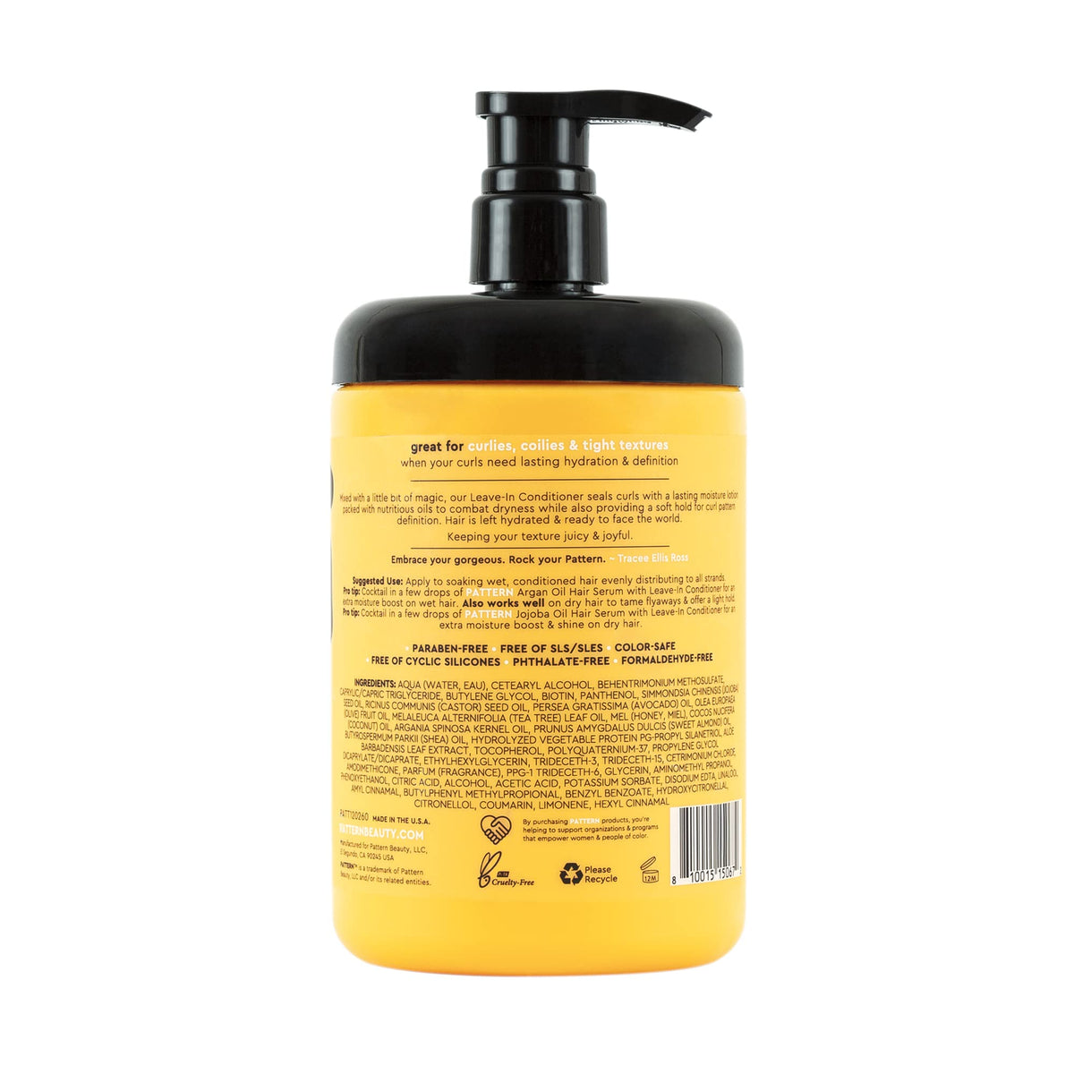 PATTERN ingredients label close-up listing biotin, aloe and eight oils for ingredient transparency