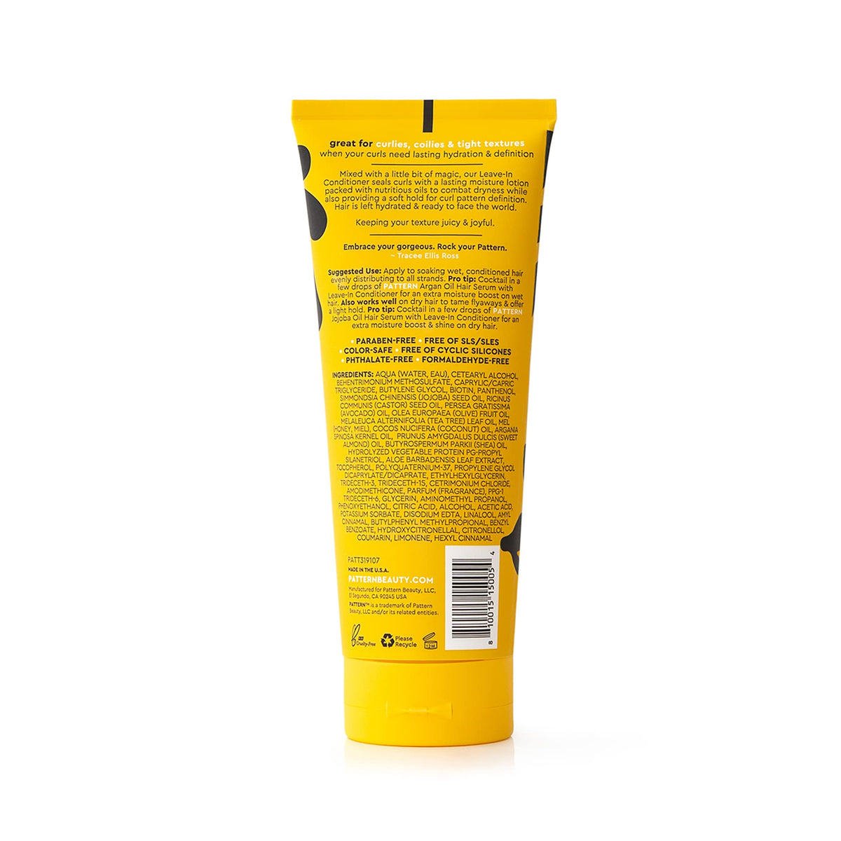PATTERN label close-up highlighting key ingredients like biotin, aloe and oils