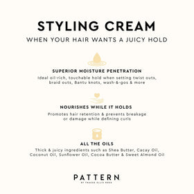 PATTERN mini styling cream label closeup showing ingredient claims and gentle formulation benefit