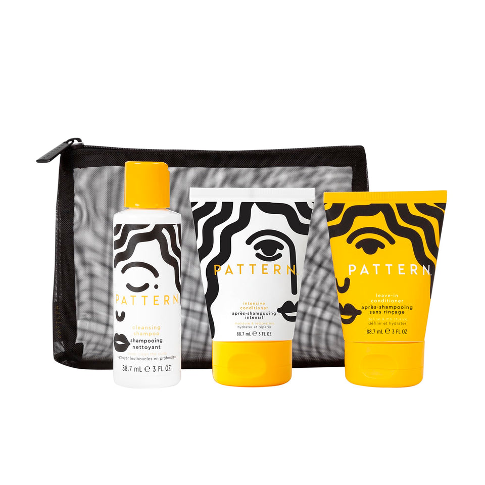 PATTERN travel kit front packaging showing three 3oz tubes and mesh bag for convenience