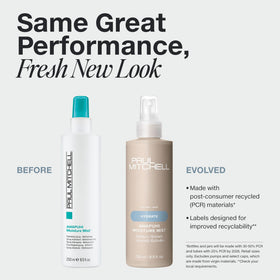 Paul Mitchell mist spraying from bottle illustrating even coverage and lightweight hydration