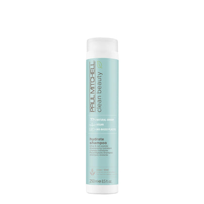 Paul Mitchell front packaging showing bottle and brand, conveys clean hydration benefit