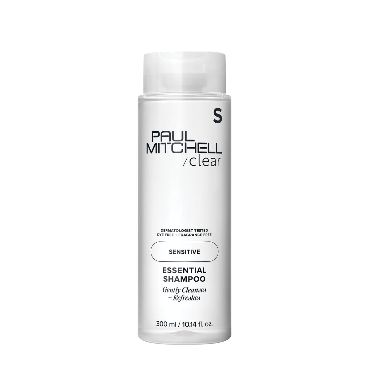 Paul Mitchell bottle front view showing clear essential shampoo, gentle cleansing benefit