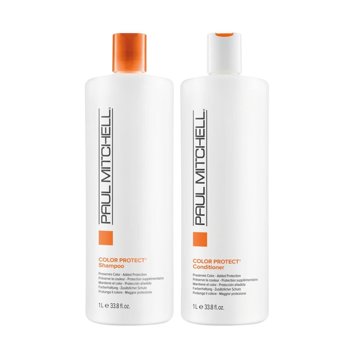 Paul Mitchell Color Protect bottles held in hand demonstrating 33.8 fl oz size and convenient salon-ready volume
