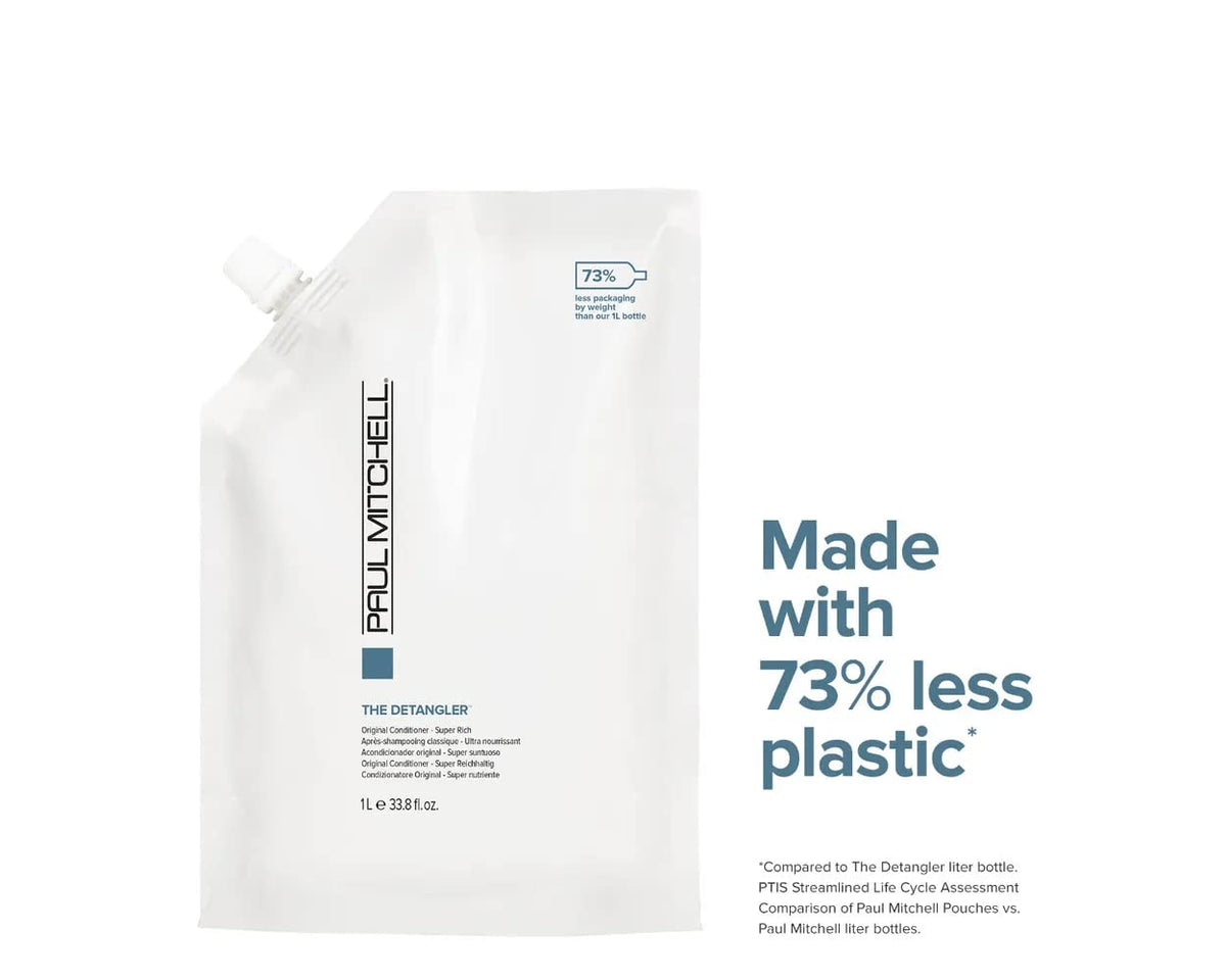 Paul Mitchell pouch pour spout pouring conditioner into bottle for low-waste refills and convenience