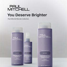 Lifestyle bathroom styling scene with Paul Mitchell bottle, makes at-home salon results